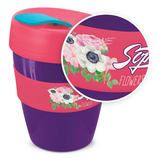 A drink bottle featuring a pink lid and band with a floral design on a purple body. Includes a logo.