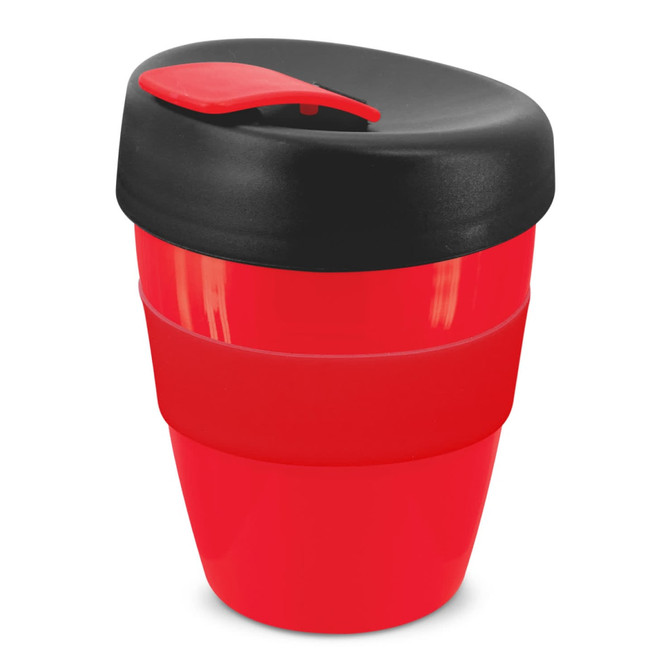 A drink bottle featuring a red body and a black lid, with a logo displayed on its surface.