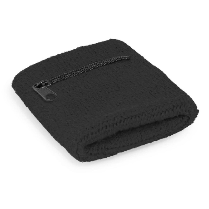 A black wrist sweat band featuring a zippered pocket for small items. It has a textured surface and a compact design.