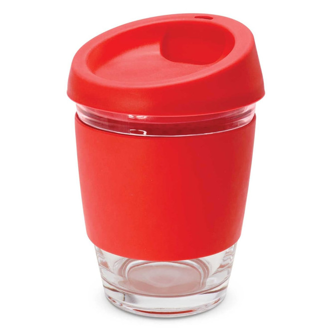 A drink bottle with a transparent glass base and a bright red silicone lid and sleeve. It features a logo.