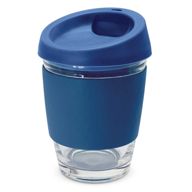 A drink bottle featuring a transparent glass body with a navy silicone sleeve and matching lid.