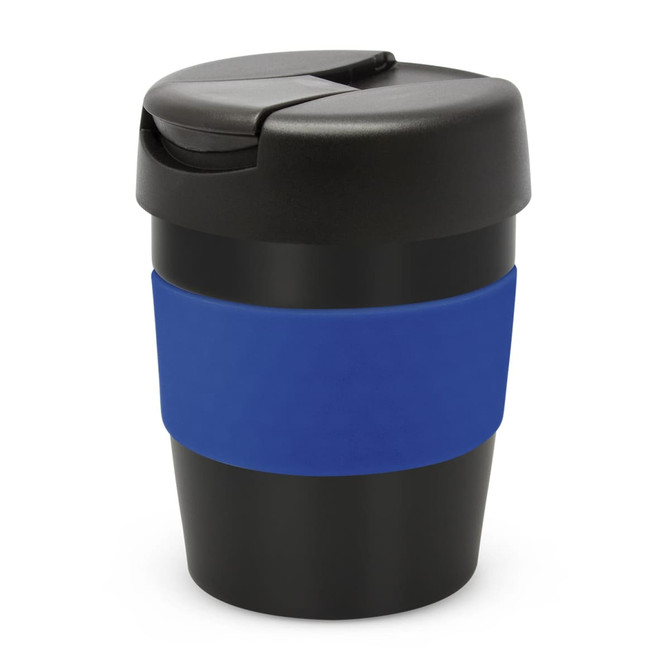 A drink bottle with a black body and a blue silicone grip, featuring a secure lid.