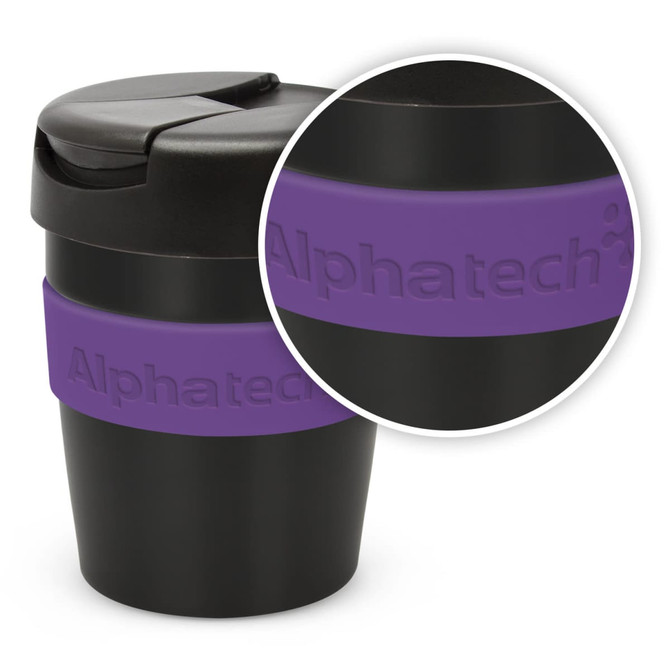 A drink bottle in black with a purple silicone grip, featuring a lid and branding on the side.