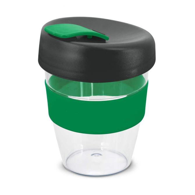 A drink bottle featuring a clear body with a green silicone band and a black lid. It has a logo on its surface.