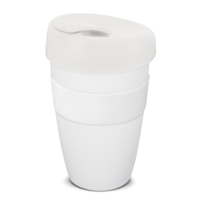 A drink bottle featuring a white body, white lid, and white sleeve, with a logo on the surface.