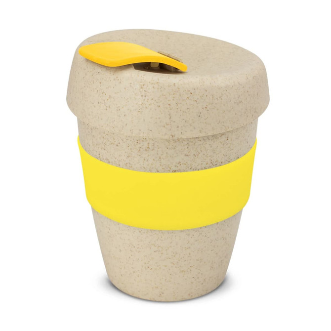 A drink bottle with a natural beige finish and a yellow silicone band, featuring a lid design.