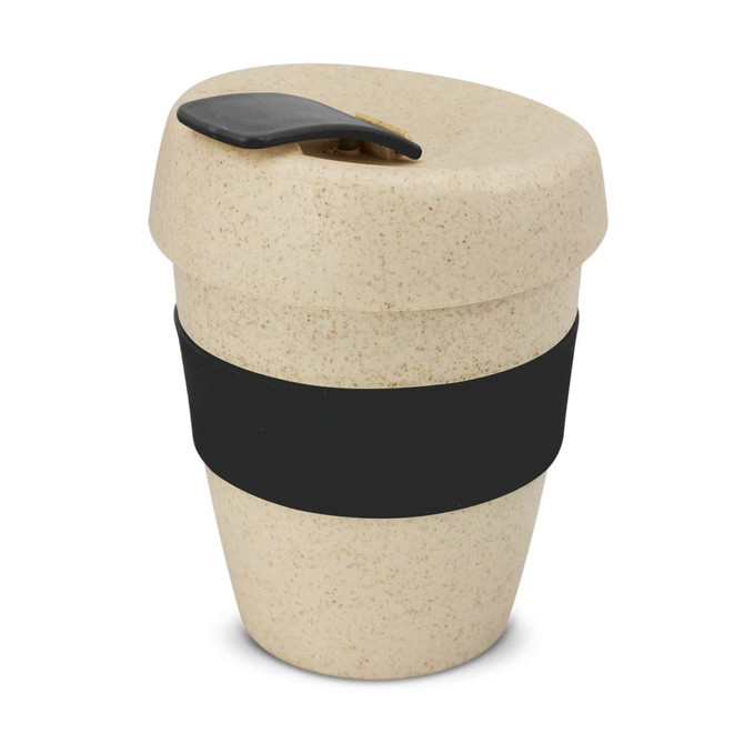 A drink bottle featuring a natural beige design with a black grip band and lid. It has a logo on the side.