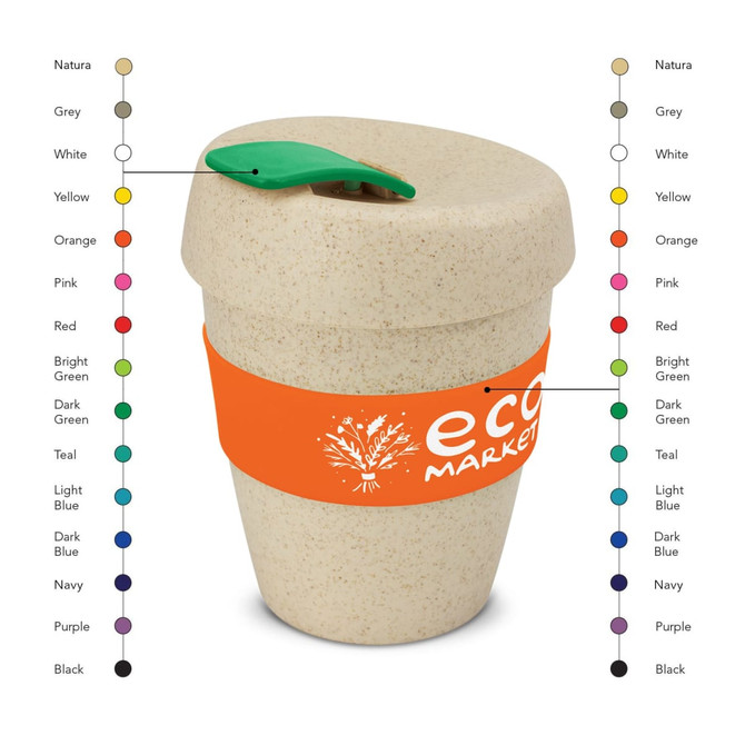 A drink bottle in natural colour with a green lid and an orange band featuring a logo.