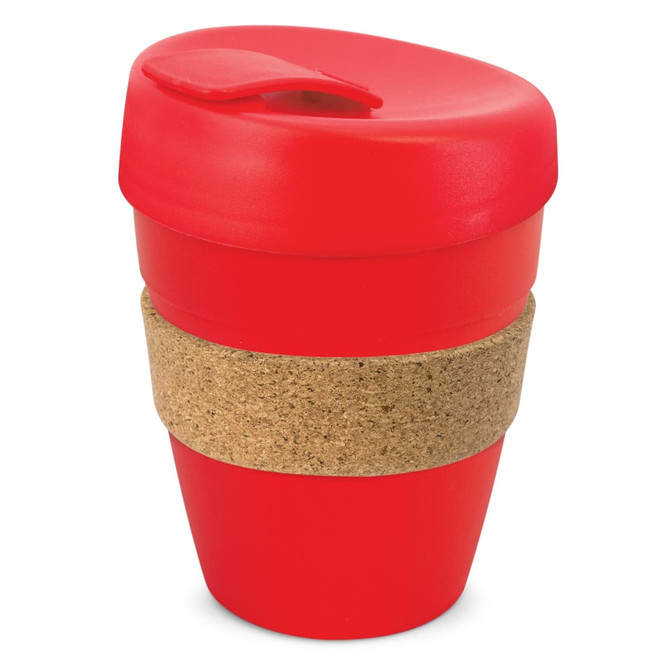 A drink bottle with a red plastic body and a cork band. It features a spill-resistant lid for convenience.