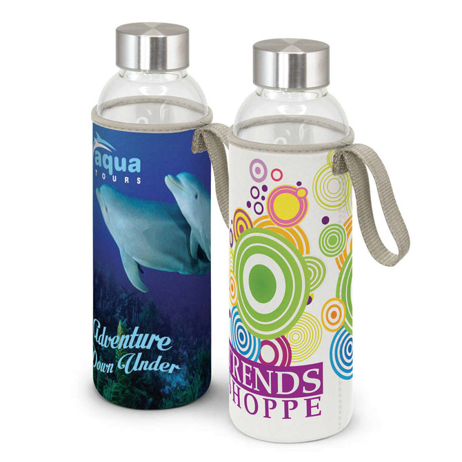 A drink bottle featuring a transparent glass body and full-colour printed sleeve designs in blue and vibrant patterns.