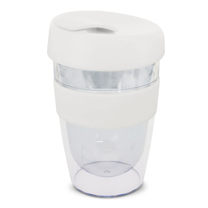 A drink bottle with a clear bottom and a white lid, featuring a white band around the middle.