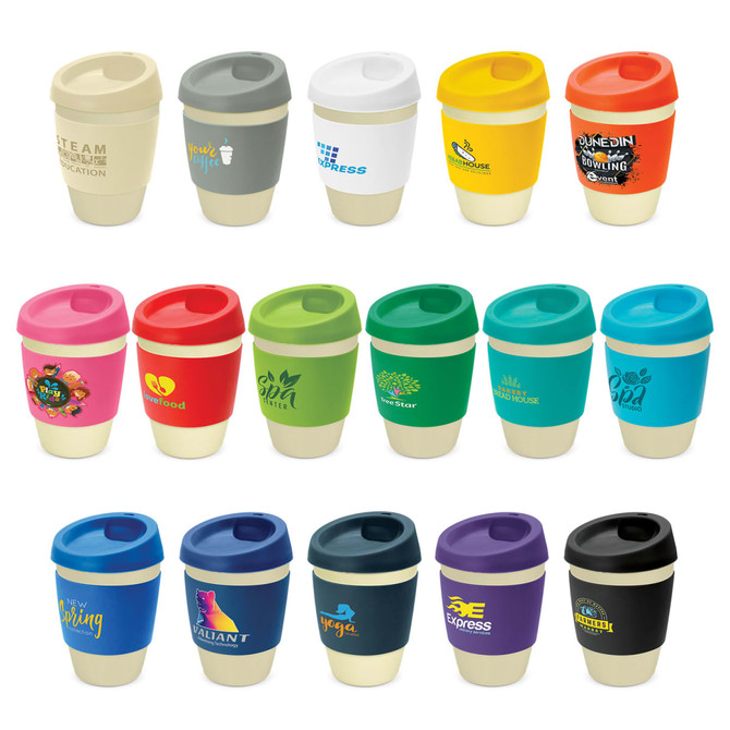 A range of colourful reusable cups, featuring various designs and a natural bamboo base with a branding logo.