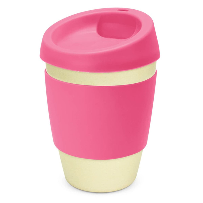A drink bottle featuring a pink lid and grip, with a cream-coloured base and a logo on it.