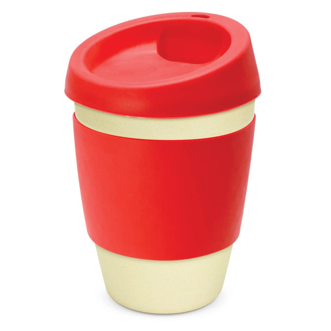 A drink bottle featuring a red lid and sleeve, with a beige body. It has a logo on the surface.