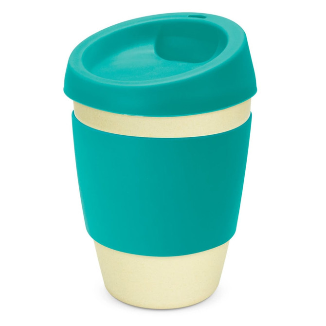 A drink bottle with a teal silicone lid and sleeve, featuring a cream-coloured base. It has a logo.