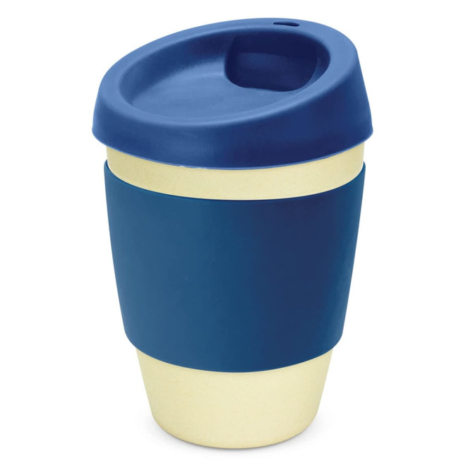 A drink bottle featuring a navy blue lid and sleeve, with a light cream bamboo body, and a logo present.