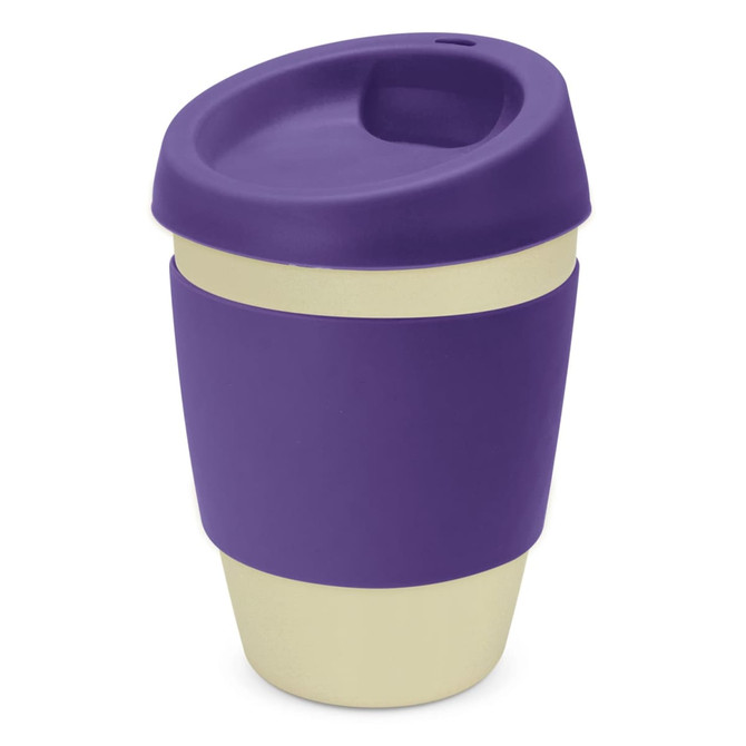 A drink bottle featuring a purple silicone exterior and a metallic gold base, topped with a matching lid.