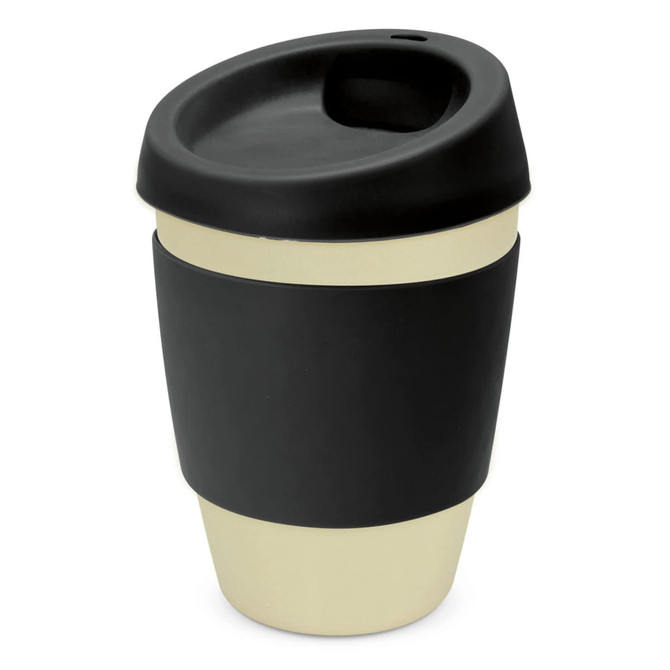 A drink bottle made from bamboo, featuring a black lid and a two-tone design of black and cream. It has a logo.