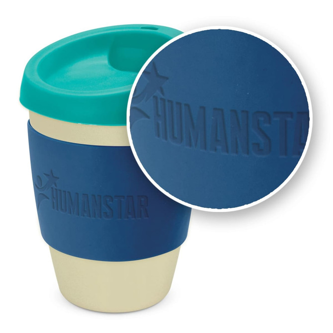 A drink bottle featuring a cream body with a teal lid and a blue silicone grip. It has a logo on the grip.