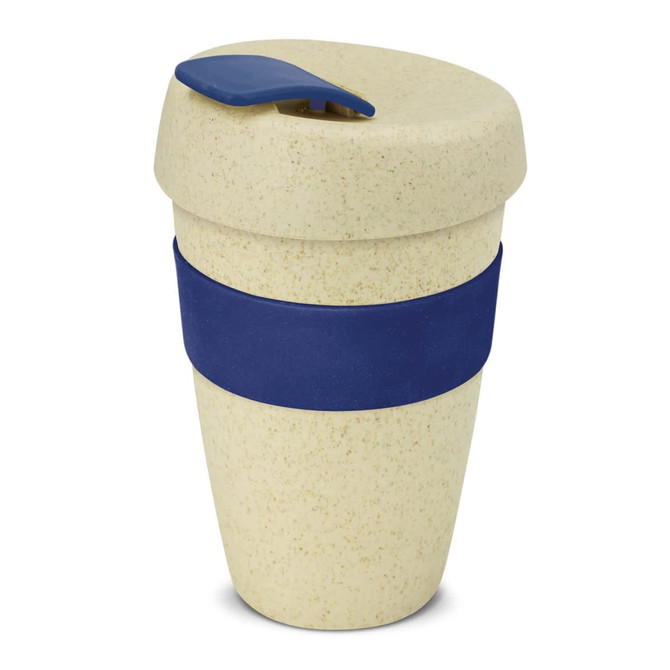 A drink bottle in a natural colour with a navy silicone band and a lid. Features a logo. Holds 480ml.