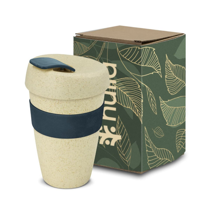 A drink bottle in a natural beige colour with a navy band, accompanied by a cardboard box featuring leaf designs.