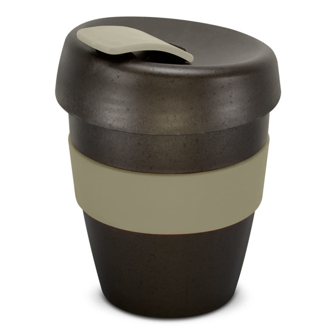 A drink bottle in dark grey with a light grey band and lid, featuring a sleek, modern design and a logo.