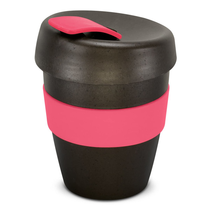 A drink bottle in black with a pink silicone band and lid, featuring a rounded design and a logo.