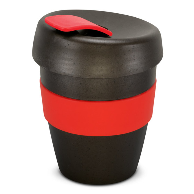 A drink bottle with a black body and a red silicone band, featuring a lid with a spout. It has a branding logo.