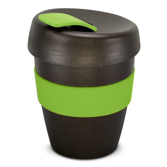 A drink bottle in black with a green silicone band and matching lid. It features a logo on the surface.
