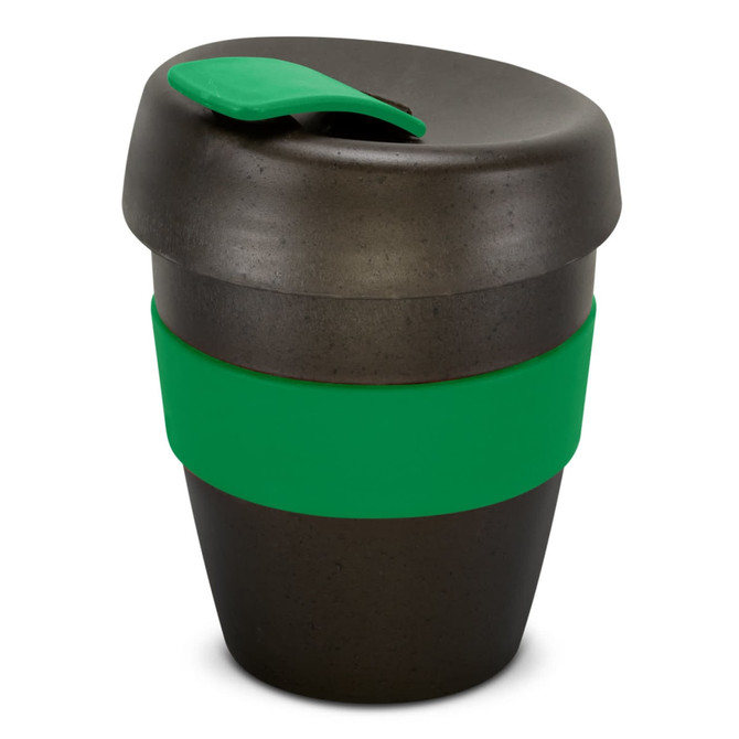 A drink bottle in black with a green silicone band and lid, designed for easy sipping. It features a logo.