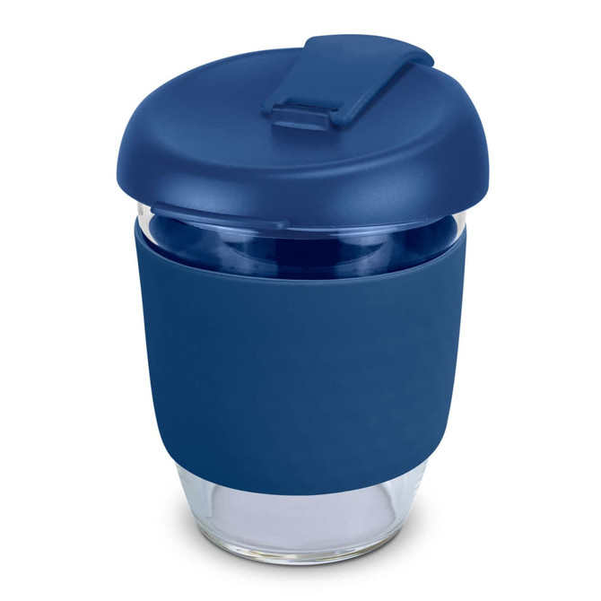 A drink bottle featuring a navy silicone sleeve and lid, made from clear borosilicate glass, holds 350ml.