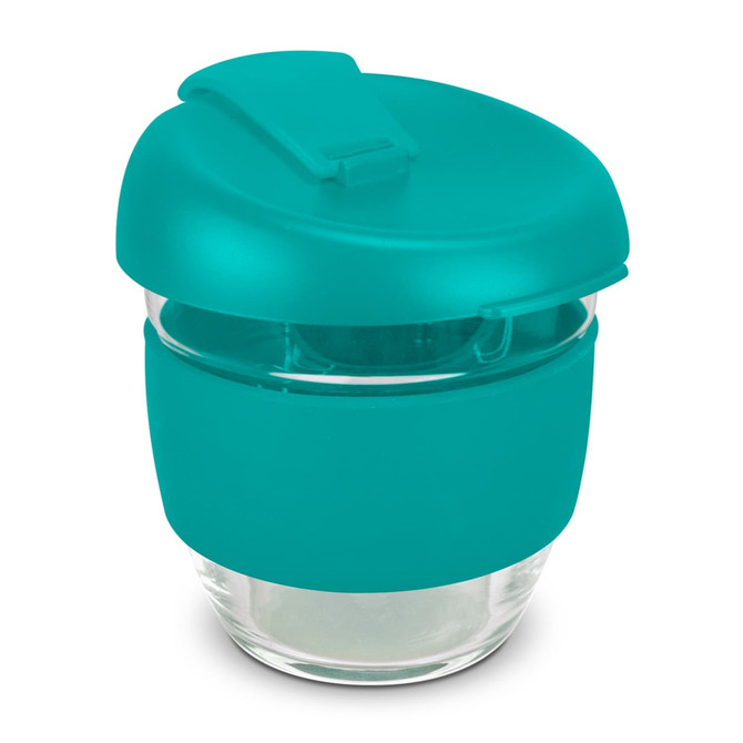 A drink bottle featuring a clear borosilicate glass body and a turquoise silicone lid and sleeve. Includes branding.