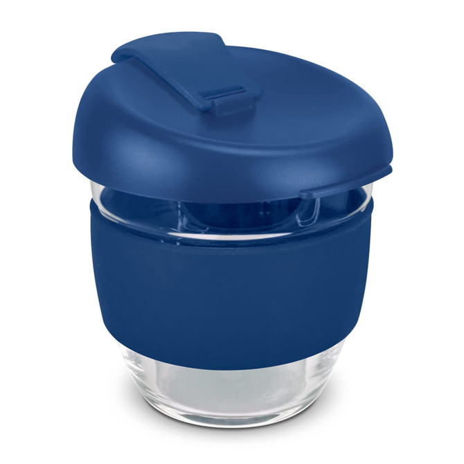 A drink bottle made of clear borosilicate glass with a navy blue silicone sleeve and lid. Features a logo.