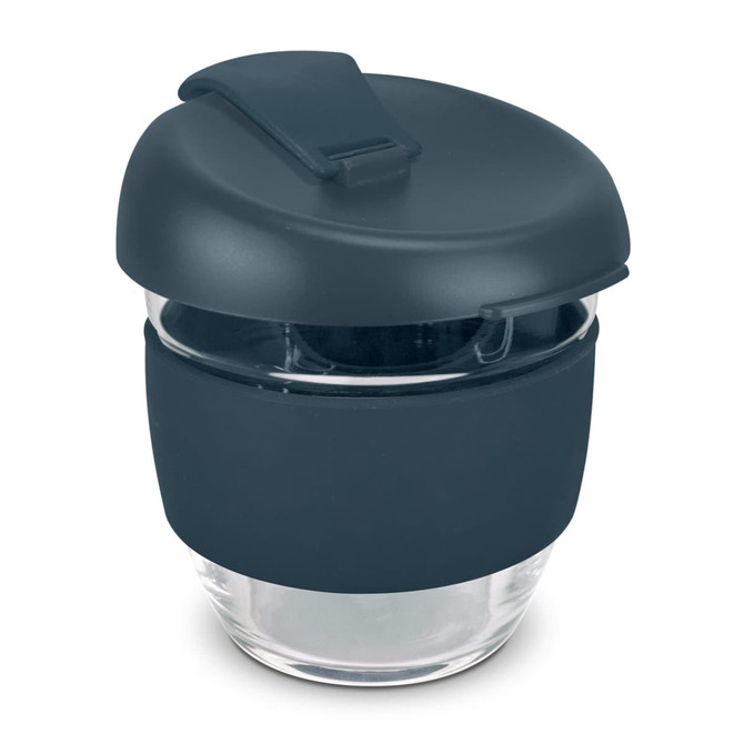 A drink bottle featuring a borosilicate glass body with a dark grey silicone sleeve and lid.