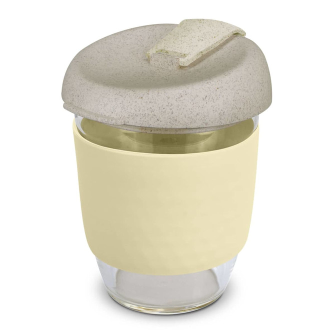 A drink bottle featuring a light yellow body with a textured silicone grip and a grey, textured lid. It has a logo.