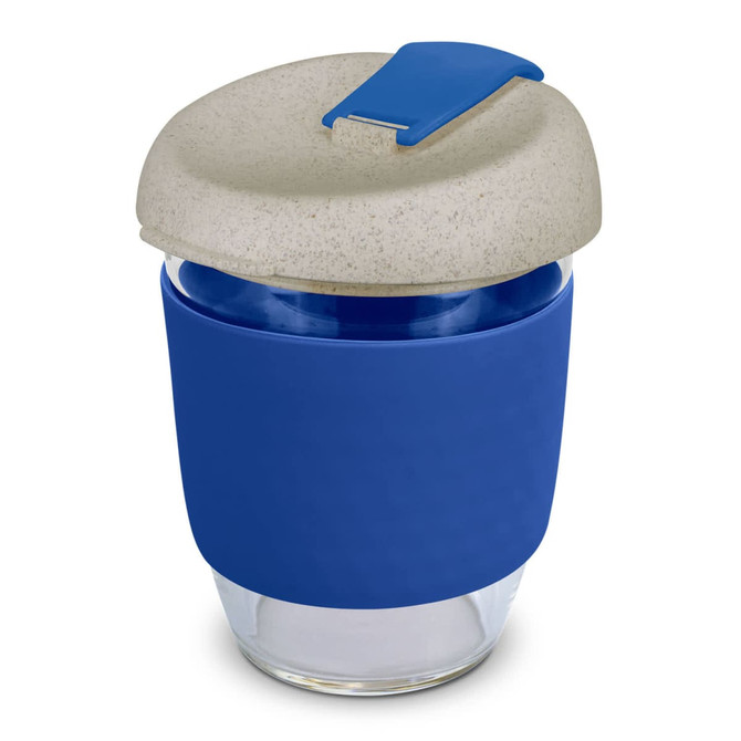 A drink bottle featuring a clear glass body with a blue silicone sleeve and a beige lid. It has a logo on the lid.