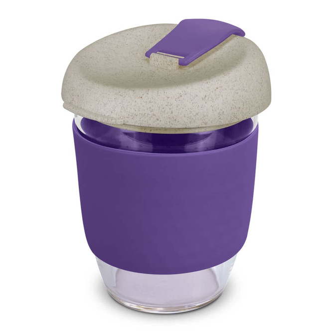 A drink bottle featuring a natural grey lid, purple silicone sleeve, and transparent base. Includes a logo.