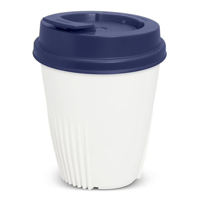 A drink bottle featuring a navy lid and a white body, with a ribbed texture and a brand logo.