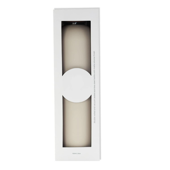 A drink bottle with a sleek design in a light colour, displayed in a minimalist white packaging with a logo.