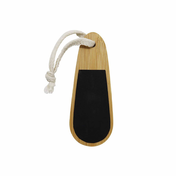 A bamboo paddle nail file featuring a black abrasive surface and a decorative rope loop.
