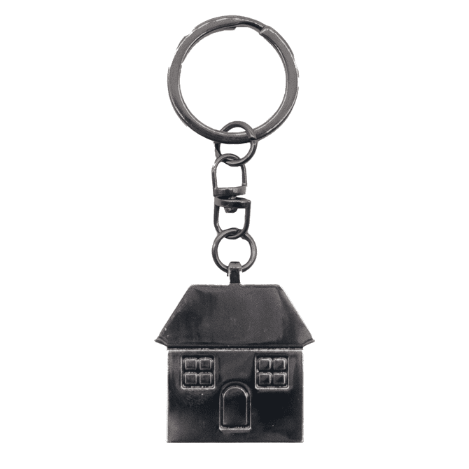 A gunmetal keychain in the shape of a house, featuring windows and a door detail.