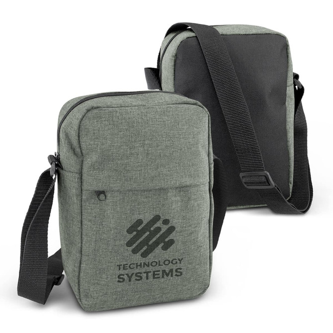 A green travel bag with a textured finish and a black strap, featuring a logo on one side.