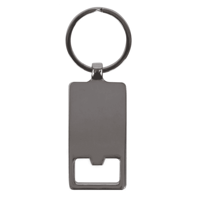 A silver rectangle keychain featuring a blank surface and a round attachment ring.