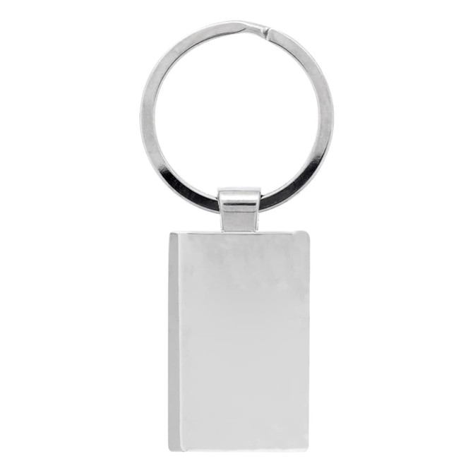 A silver keychain with a rectangular tag and a circular keyring. It features a smooth, shiny surface.