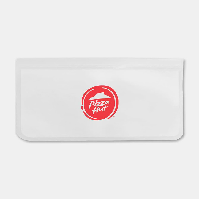 A transparent PEVA reusable food storage bag with a red logo, measuring 21.5cm x 12cm.