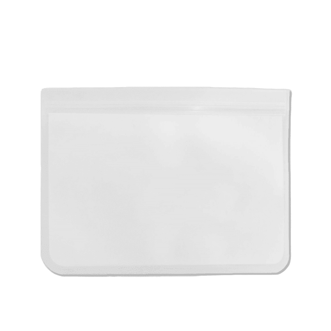A clear, white PEVA reusable food storage bag, featuring a zip closure, designed for lunch and snacks.