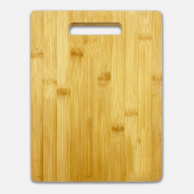 A bamboo chopping board with a smooth surface and a handle cutout, featuring a natural light brown colour.