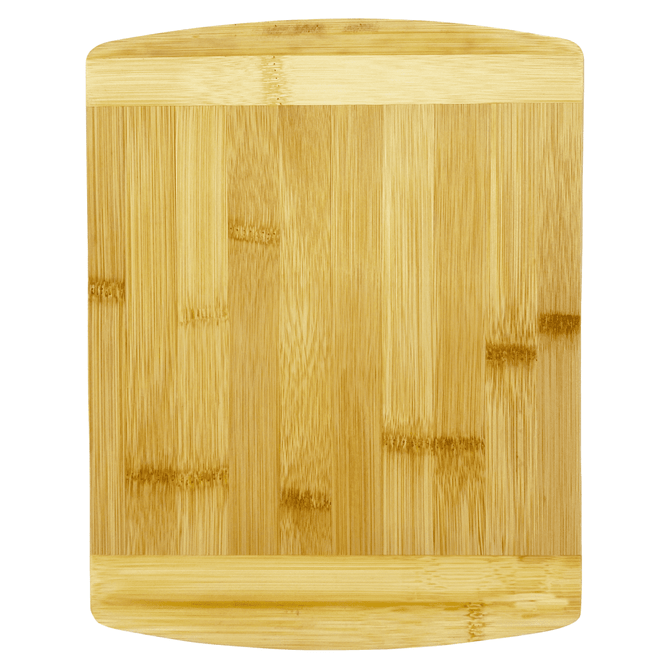 A bamboo cutting board with a smooth, light brown surface and rounded edges, featuring a subtle grain pattern.