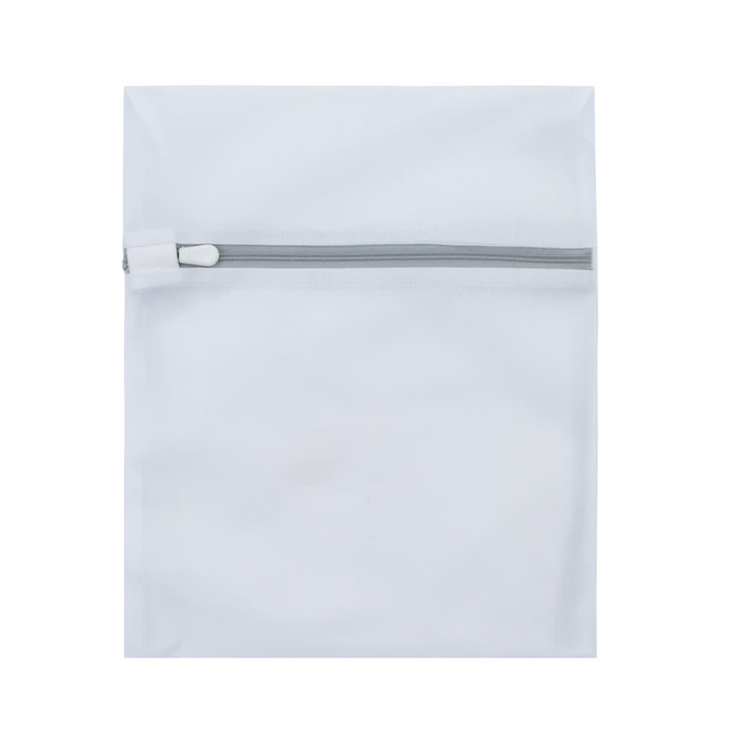 A white laundry bag with a grey zipper, featuring a branding logo on the front.