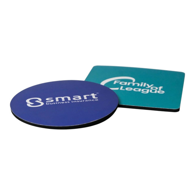 A round blue coaster and a square green coaster, both featuring logos on the surface.